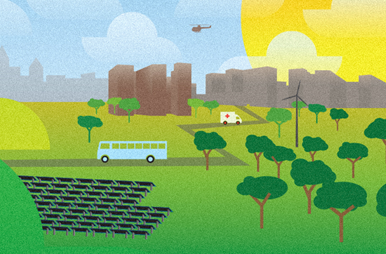 An illustration with a texture like recycled paper shows colorful green hills, solar panels, and a hospital building and city skyline.